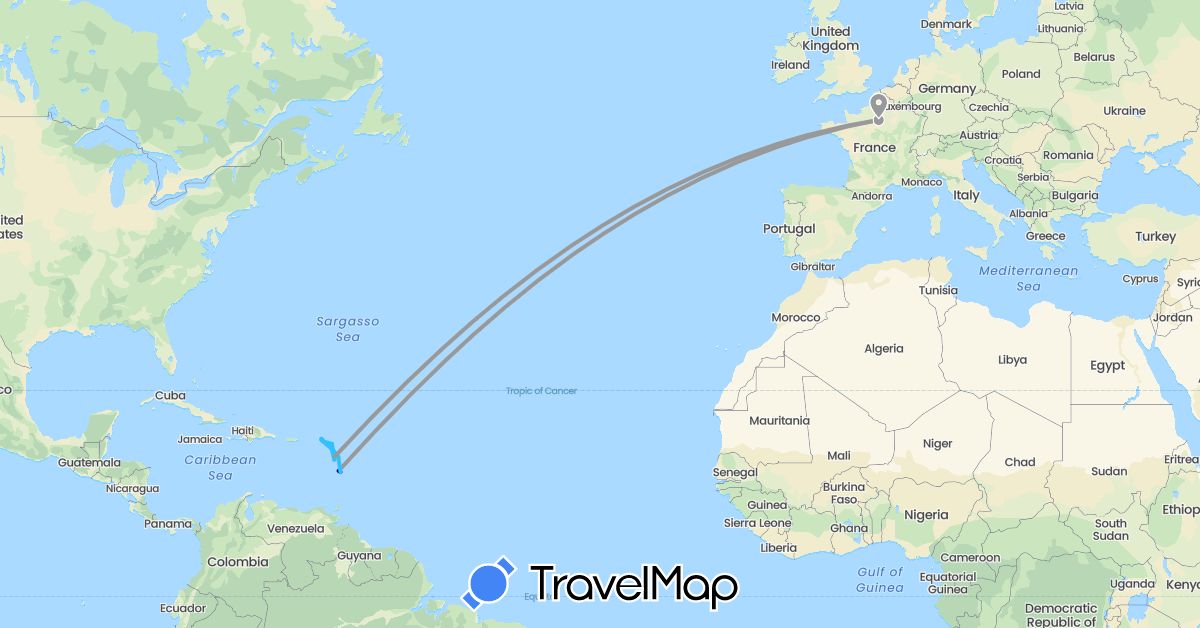 TravelMap itinerary: driving, plane, boat in Antigua and Barbuda, Anguilla, Saint Barthélemy, France, Guadeloupe, Saint Martin, Martinique (Europe, North America)