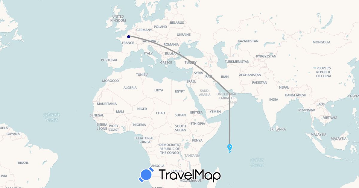 TravelMap itinerary: driving, plane, boat in France, Seychelles (Africa, Europe)
